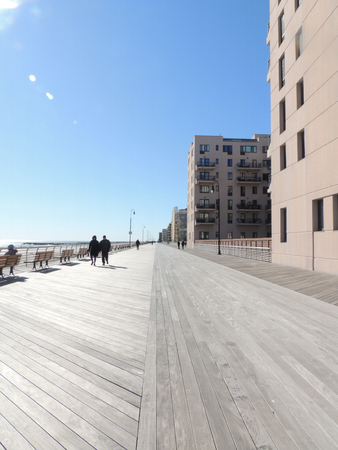 Long Island boardwalk on a crisp spring dayの写真素材