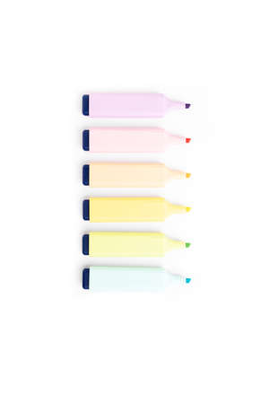 6 Pastel highlighters on white background without cap top viewの写真素材