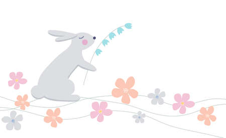 Cute bunny with flowers. Vector flat illustration. Suitable for greeting cards and banners.のイラスト素材