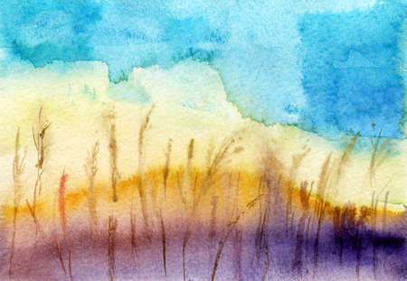 Watercolor landscape with yellow grass and blue sky. Illustration with field, grass, harvest. Hand painted scene.の写真素材