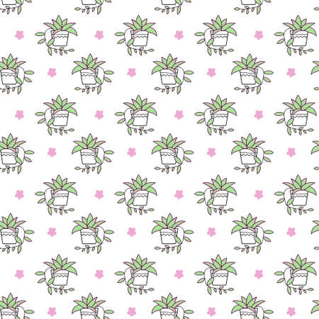 Seamless pattern with potted plants and flowers. Vector illustration with house plants. On a white background.のイラスト素材