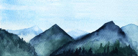 Watercolor mountains landscape, trees, sky. Hand painted illustration.の写真素材