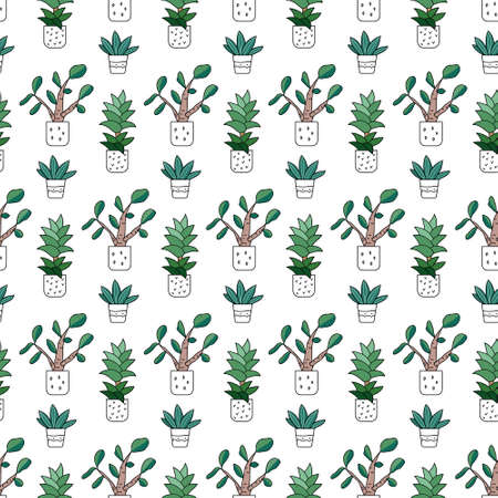 Seamless pattern with potted plants and flowers. Vector illustration with house plants. On a white background.のイラスト素材
