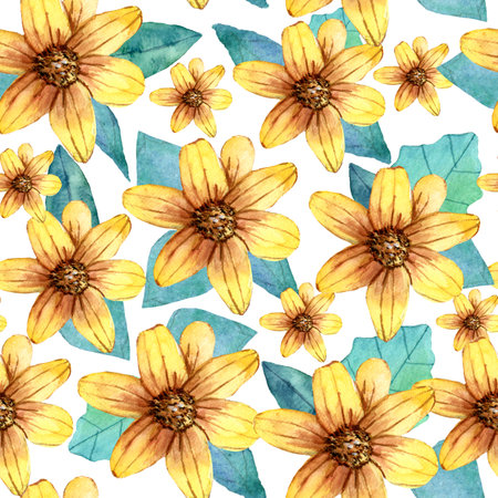 Floral seamless watercolor pattern with yellow flowers and leaves. Hand drawn illustration. Suitable for fabrics, backgrounds, wrapping paper.の写真素材