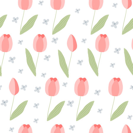 Floral seamless vector pattern with red tulips and leaves on a white background. Spring pattern with flowers and leaves.のイラスト素材