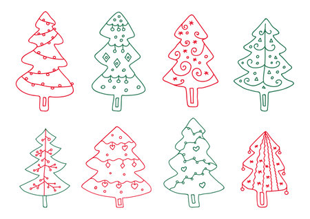 Festive hand drawn Christmas trees with decorations. Vector set Doodle-style illustrations. Suitable for greeting cards, banners, posters.のイラスト素材