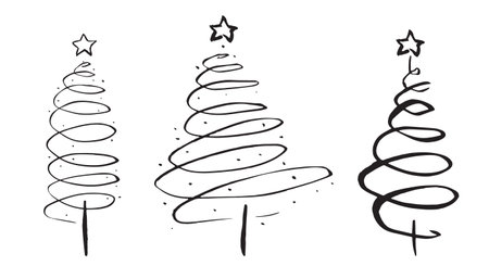 Hand drawn spiral Christmas trees, vector illustration. Isolated on a white background. Black ink and brush sketches. Suitable for greeting cards, posters, flyers.のイラスト素材