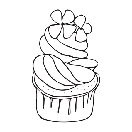 Cupcake with flowers. Cream muffin dessert. Hand drawn vector illustration. Black and white sketch.のイラスト素材