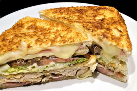 Close up shot of Club Sandwich cut in half on white plate on black backgroundの写真素材