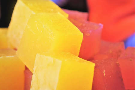 Close up of homemade orange and strawberry jelly beansの写真素材