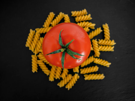 Whole red tomato with fusilli on black backgroundの写真素材