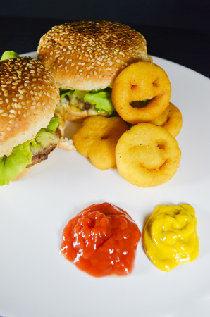 Delicious hamburger with sesame bread and french fries smileの写真素材