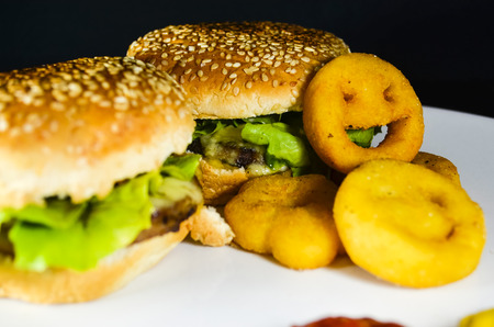 Delicious hamburger with sesame bread and french fries smileの写真素材
