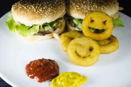 Delicious hamburger with sesame bread and french fries smileの写真素材