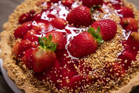 Delicious strawberry cake on the tableの写真素材