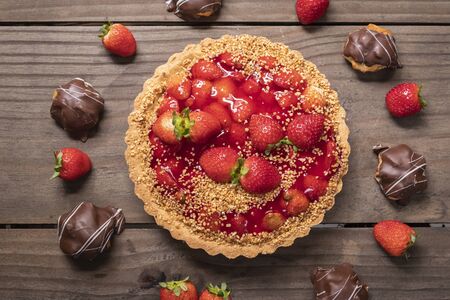 Delicious strawberry cake on the tableの写真素材