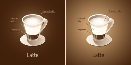 Latte. Vector isometric icon on dark brown and beige background. Scheme with coffee cup and ingredients of the drinkのイラスト素材