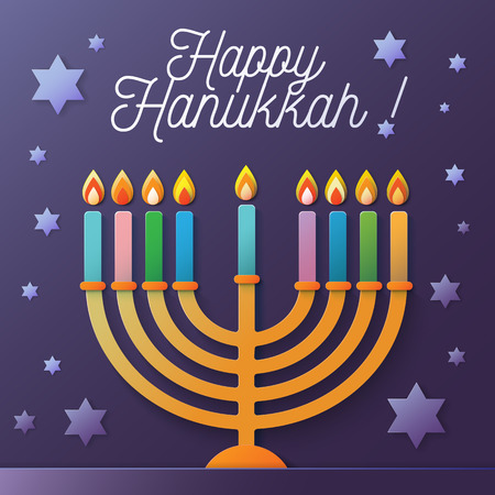 Happy Hanukkah vector illustration with menorah and David stars on a violet backgroundのイラスト素材