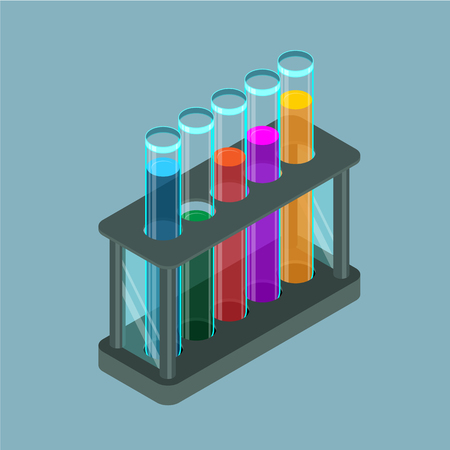 A set of test tubes with liquids of different colors in a dark rack. Vector isometric icon on gray backgroundのイラスト素材