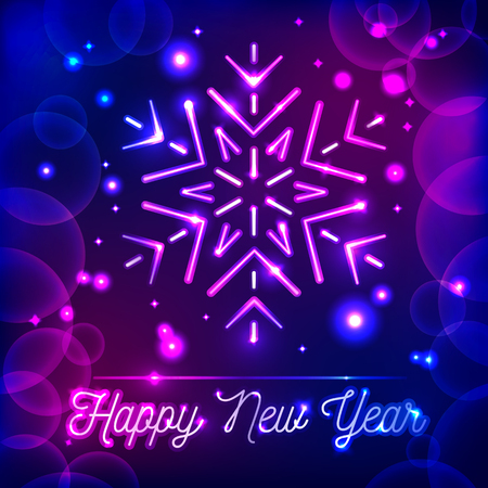 Happy New Year. Vector illustration with bright snowflake on a dark background. Neon effect.のイラスト素材