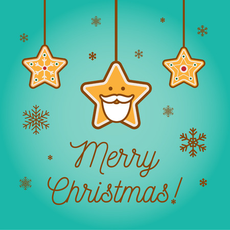 Merry Christmas illustration with funny gingerbread stars and snowflakes on a turquoise backgroundのイラスト素材