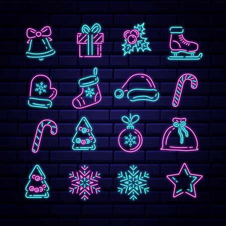 Set of Christmas and New Year icons in a flat style with neon effect. Pink and blue colors. Transparent glow effect. Brick wall background.のイラスト素材