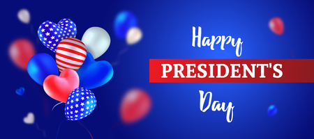 Happy Presidents Day. Vector illustration with flying balloons, colored like the USA flag. Red, blue, white, striped, with stars, heart-shaped and round. Template for greeting card, banner or poster.のイラスト素材
