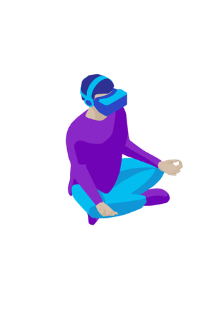 Young man in a virtual reality helmet sitting in the lotus position. Isometric character. Isolated on white background. Design element for web page, mobile app etc.のイラスト素材