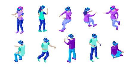 Set of young people wearing vr helmets. Young men and women interact with invisible virtual objects. Isometric characters. Isolated on white background. Design element for web page, mobile app etc.のイラスト素材