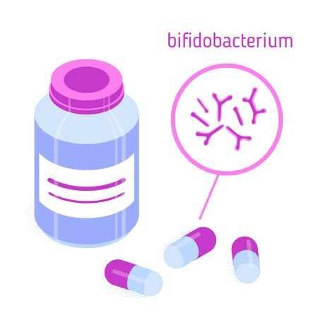 Pill bottle and probiotic pills with bifidobacteria. Isometric vector illustration. Isolated on white. Design element for medical illustrations, infographics, banners, articles, websites, apps etc.のイラスト素材