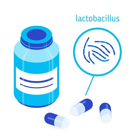 Pill bottle and probiotic pills with lactobacillus. Isometric vector illustration. Isolated on white. Design element for medical illustrations, infographics, banners, articles, websites, apps etc.のイラスト素材