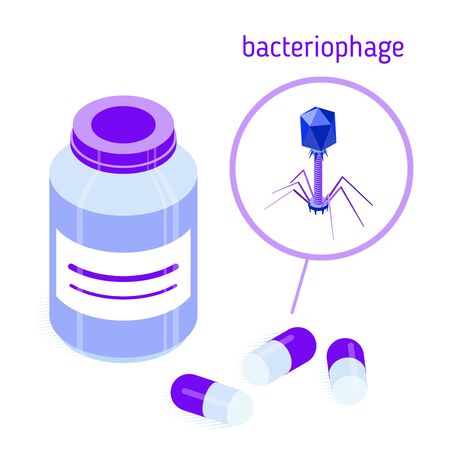 Pill bottle and capsules with bacteriophages. Isometric vector illustration. Isolated on white. Design element for medical illustrations, infographics, banners, articles, websites, apps etc.のイラスト素材