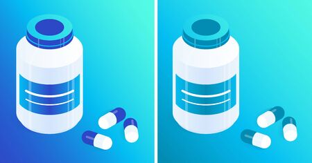 Pill bottles and capsules of blue and turquoise. Isometric vector icons. Gradient background. Design element for medical illustrations, infographics, banners, articles, websites, apps etc.のイラスト素材