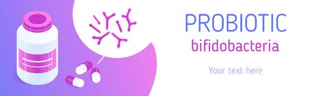 Pill bottle and probiotic pills with bifidobacteria. Design concept of information or advertising banner. Isometric vector illustration. Design element for infographics, banners, websites, apps etc.のイラスト素材