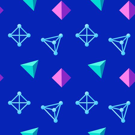 Colorful seamless geometric pattern with floating wireframe and solid pyramids on blue background