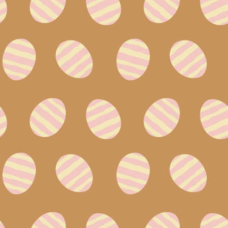 Vector seamless pattern with easter eggs in yellow and pink stripes on brown background for textile, decor, wrapping paperのイラスト素材