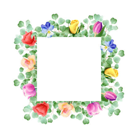 Square frame with roses, tulips, poppy, pansy, eucalyptus leaves. Floral border illustration with green plant and flowersの写真素材