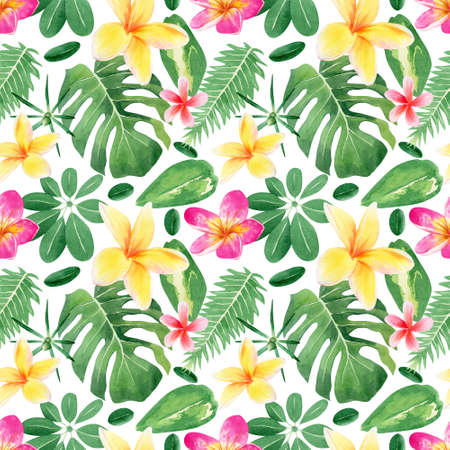 Tropical leaves and flowers pattern. Seamless watercolor floral pattern with monstera leaf, tropic...