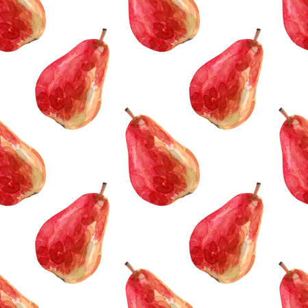 Seamless summer pear pattern. Watercolor botanical illustration with red and yellow pears for textile and food decorの写真素材