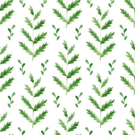 Seamless watercolor pattern with garden herbs. Background with green eucalyptus and olive leaves,...