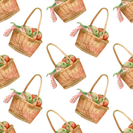 Seamless pattern with apples in basket on towel. Watercolor illustration with fruits and harvest for thanksgiving day decor and fabricの写真素材