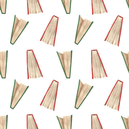 Seamless watercolor pattern with unfolded books for knowledge day decor, back to school design, libraries and wallpapersの写真素材