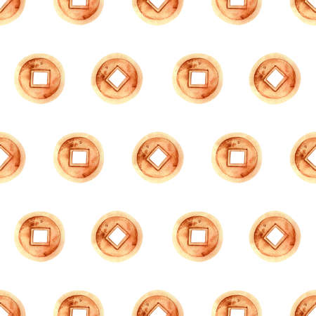 Seamless coin pattern. Watercolor background for chinese new year textile, wrapping paper, wallpaperの写真素材