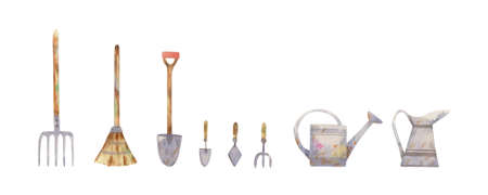 Watercolor gardening instruments collection. Shovel, pitchfork, broom, flower scoop, mini forks for flowers, scoop for weedingの写真素材