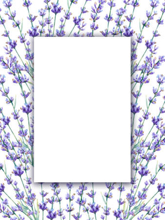 Watercolor lavender Invitation template. Botanical illustration with violet and blue flowers and branches for wedding, birthdayの写真素材