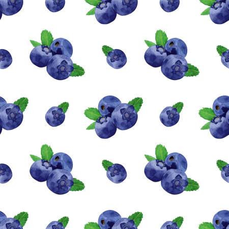 Seamless blueberry pattern. Watercolor background with bright blue and violet berries with leaves for fabric, wrapping paper, cafe decor, food illustrationの写真素材