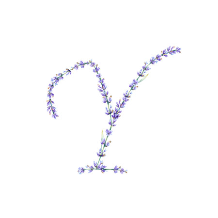 Floral Letter Y. Watercolor hand drawn alphabet letter with botanical illustration of lavender flowers, leaves and branch. Initial letter for logo, greeting cards, invitationsの写真素材