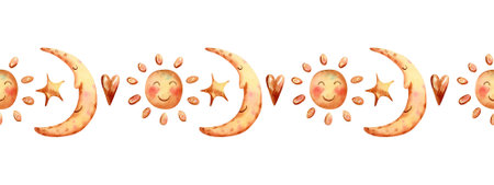 Seamless horizontal border with sun, moon, star, heart. Cute kids illustration for banners, frames,...