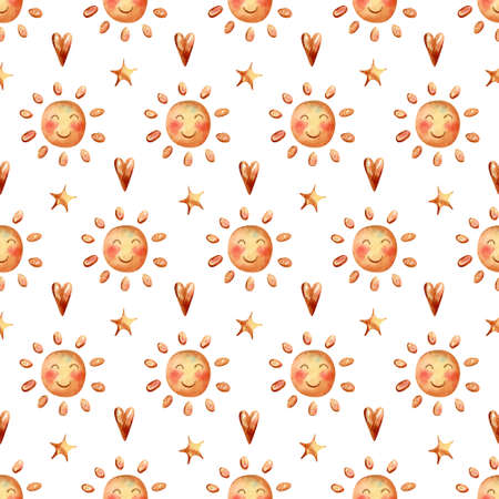 Seamless pattern with sun, hearts, stars. Watercolor background with cute summer illustration for...