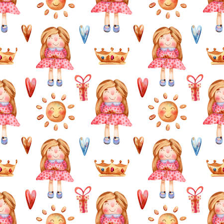 Seamless pattern with girl, doll, hearts, sun, gift box. Watercolor background with cute toys for wrapping paper, summer decor, girls textile, wallpaperの写真素材